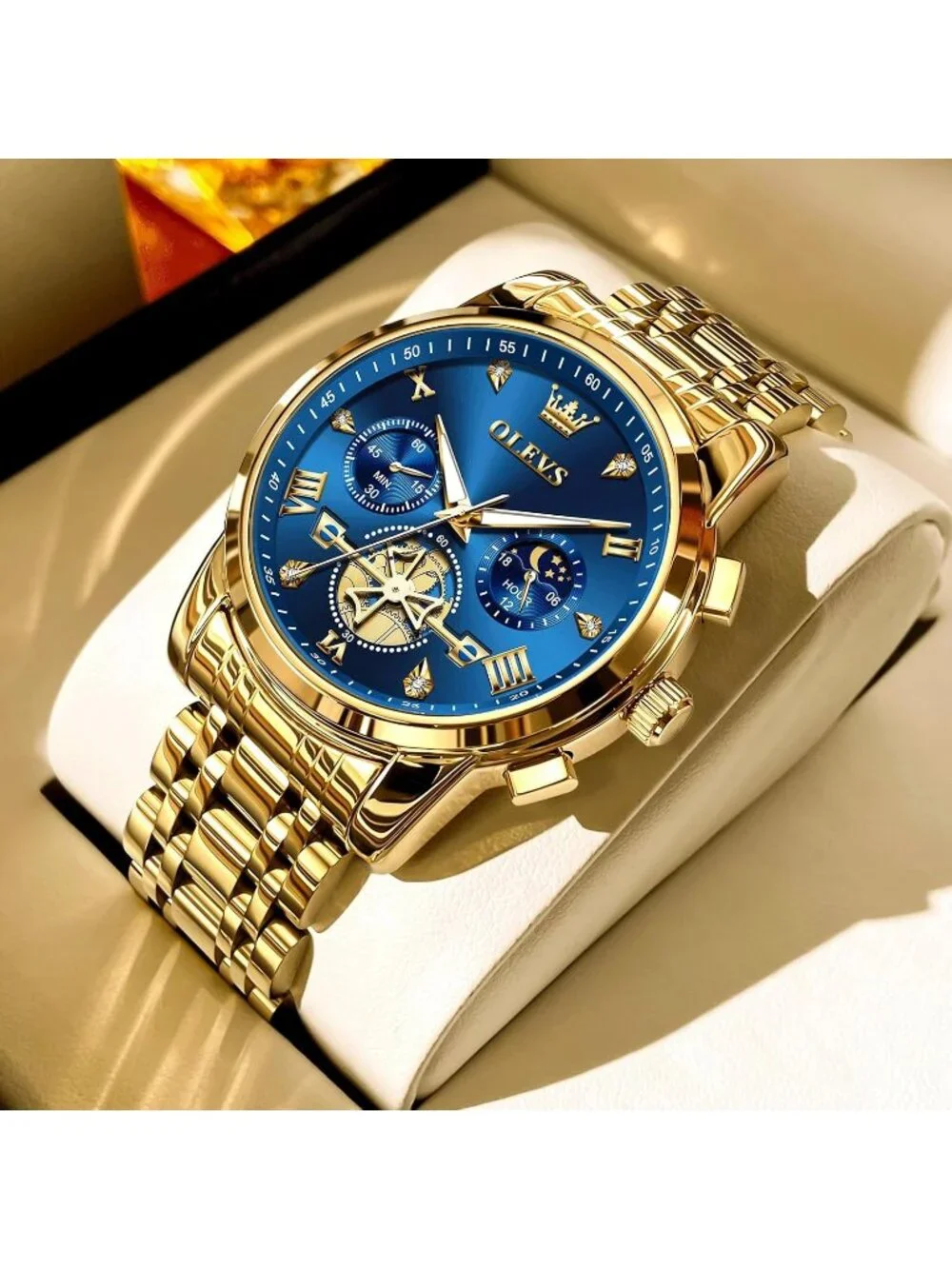 Men's Blue / Gold Stainless Steel Chronograph Waterproof Quartz Dress Watch